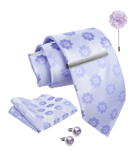 Axlon Tie Set for Men -  Soft Lavender, floral | Necktie Gift Box with Cufflinks, Pocket Square & Lapel Pin
