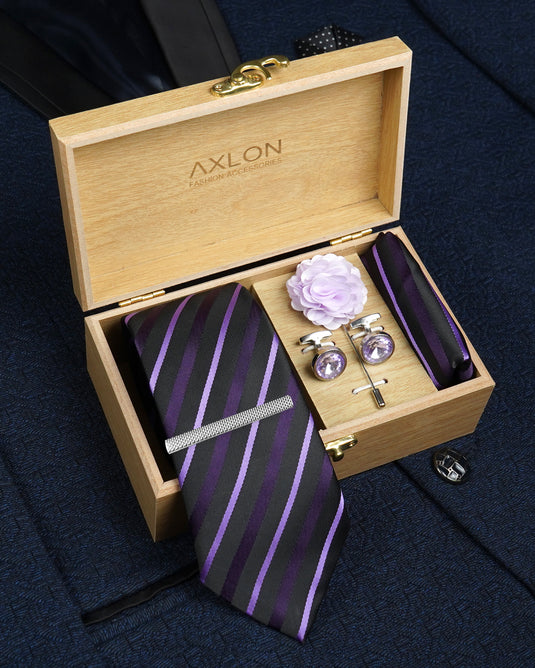 Axlon Tie Set for Men - Royal Purple, Striped | Necktie Gift Box with Cufflinks, Pocket Square & Lapel Pin