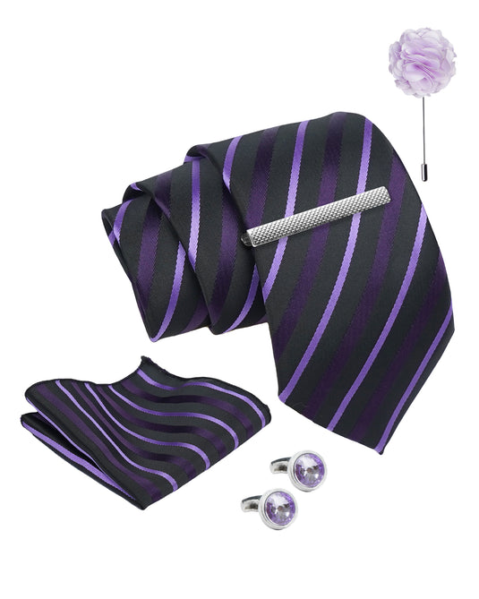 Axlon Tie Set for Men - Royal Purple, Striped | Necktie Gift Box with Cufflinks, Pocket Square & Lapel Pin