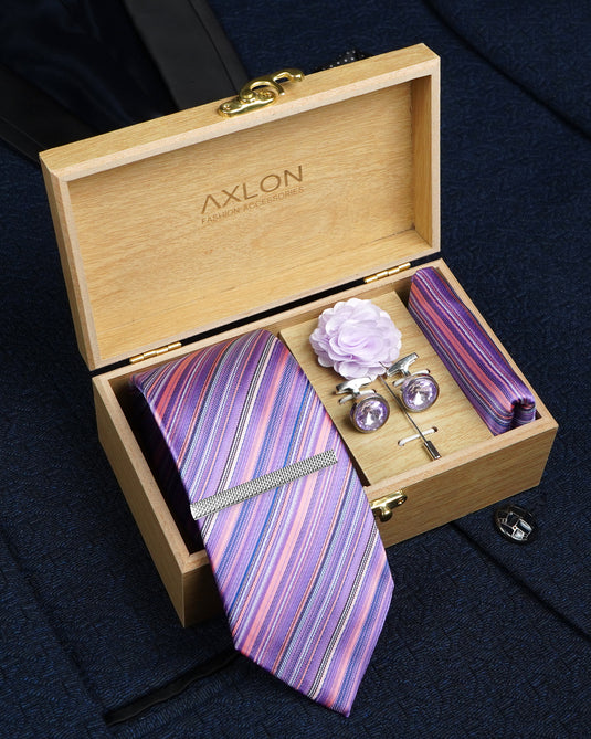 Axlon Tie Set for Men - Soft Lavender, Striped | Necktie Gift Box with Cufflinks, Pocket Square & Lapel Pin