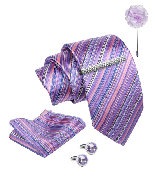Axlon Tie Set for Men - Soft Lavender, Striped | Necktie Gift Box with Cufflinks, Pocket Square & Lapel Pin