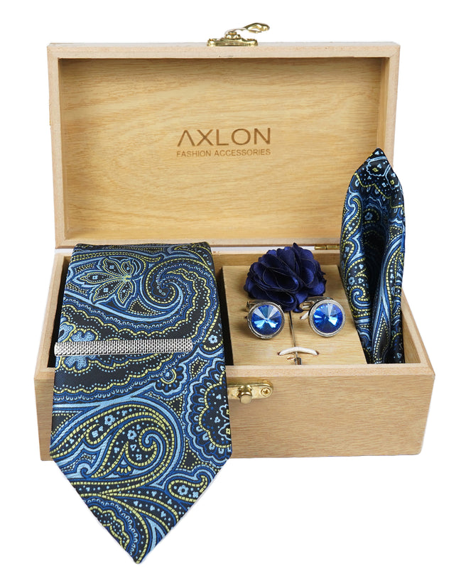 Axlon Tie Set for Men - Teal Ocean Blue, paisley | Necktie Gift Box with Cufflinks, Pocket Square & Lapel Pin