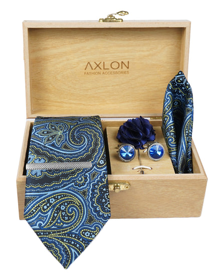 Axlon Tie Set for Men - Teal Ocean Blue, paisley | Necktie Gift Box with Cufflinks, Pocket Square & Lapel Pin