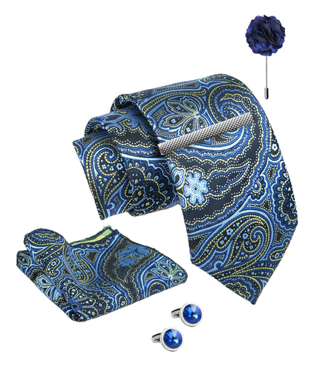 Axlon Tie Set for Men - Teal Ocean Blue, paisley | Necktie Gift Box with Cufflinks, Pocket Square & Lapel Pin
