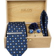 Axlon Tie Set for Men -  Deep Navy Blue, dotted | Necktie Gift Box with Cufflinks, Pocket Square & Lapel Pin