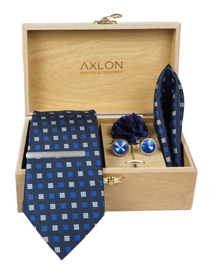 Axlon Tie Set for Men -  Deep Navy Blue, dotted | Necktie Gift Box with Cufflinks, Pocket Square & Lapel Pin