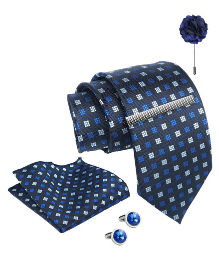 Axlon Tie Set for Men -  Deep Navy Blue, dotted | Necktie Gift Box with Cufflinks, Pocket Square & Lapel Pin
