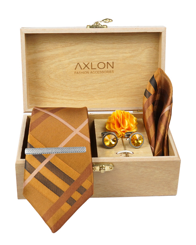 Axlon Tie Set for Men - Copper Rust, checkered | Necktie Gift Box with Cufflinks, Pocket Square & Lapel Pin