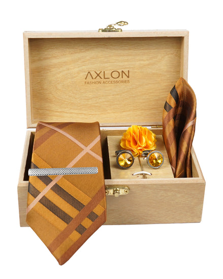 Axlon Tie Set for Men - Copper Rust, checkered | Necktie Gift Box with Cufflinks, Pocket Square & Lapel Pin