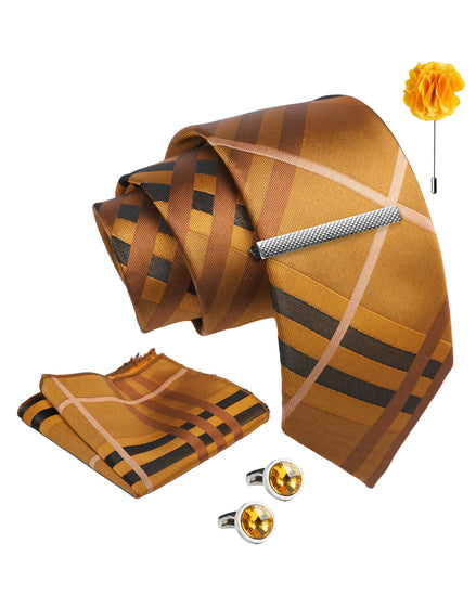 Axlon Tie Set for Men - Copper Rust, checkered | Necktie Gift Box with Cufflinks, Pocket Square & Lapel Pin