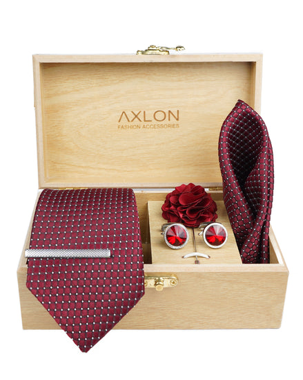 Axlon Tie Set for Men - Deep Wine, Dotted | Necktie Gift Box with Cufflinks, Pocket Square & Lapel Pin