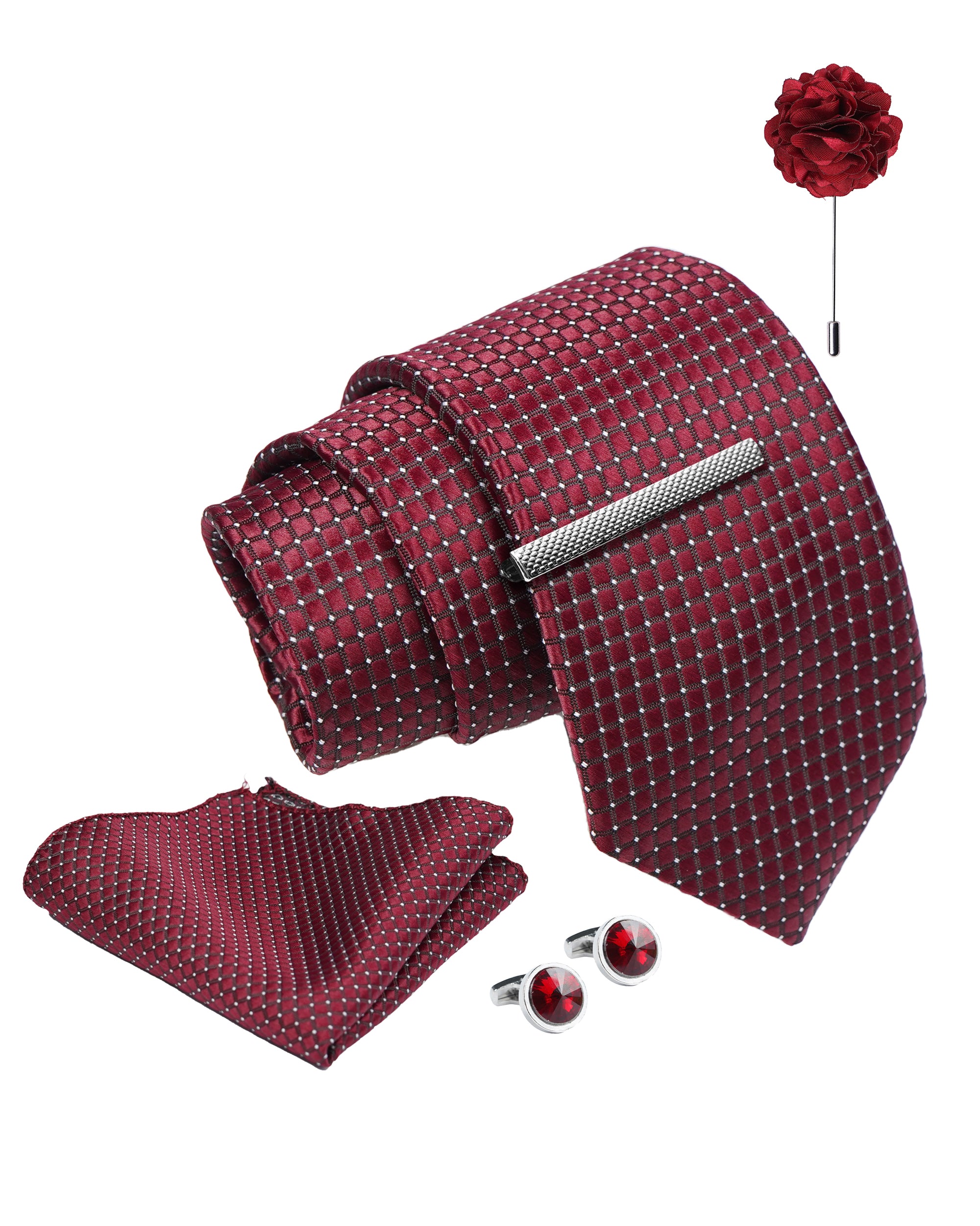 Axlon Tie Set for Men - Deep Wine, Dotted | Necktie Gift Box with Cufflinks, Pocket Square & Lapel Pin