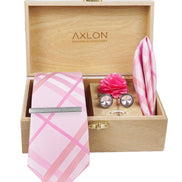 Axlon Tie Set for Men - Baby Pink, checkered | Necktie Gift Box with Cufflinks, Pocket Square & Lapel Pin