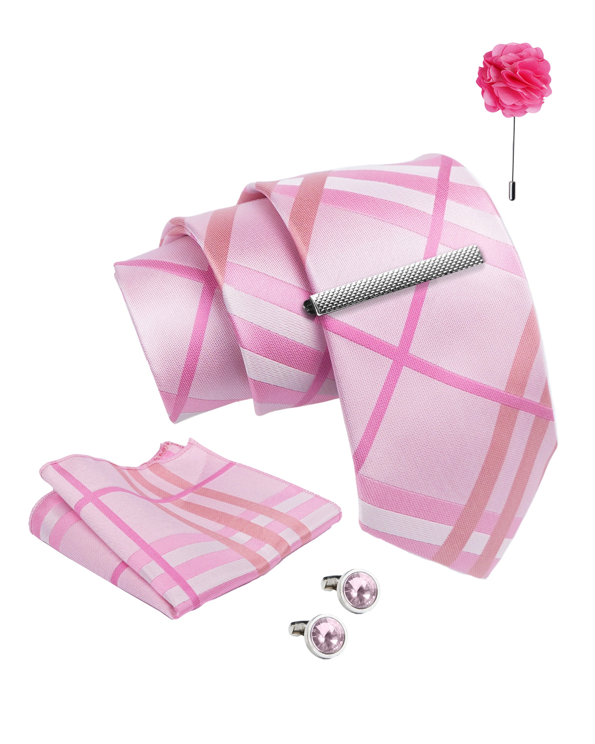 Axlon Tie Set for Men - Baby Pink, checkered | Necktie Gift Box with Cufflinks, Pocket Square & Lapel Pin