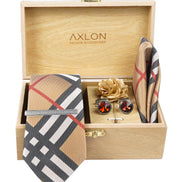 Axlon Tie Set for Men - Elegant Beige, checkered  | Necktie Gift Box with Cufflinks, Pocket Square & Lapel Pin