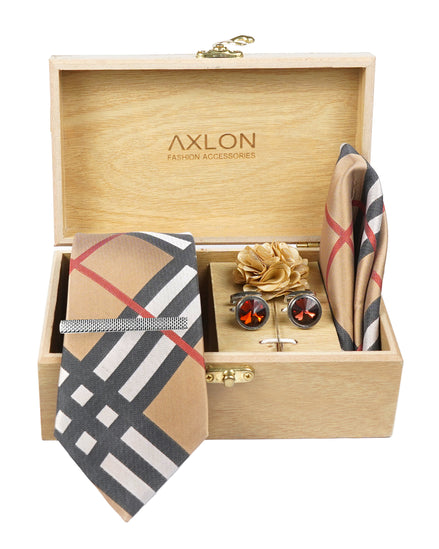 Axlon Tie Set for Men - Elegant Beige, checkered  | Necktie Gift Box with Cufflinks, Pocket Square & Lapel Pin