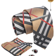Axlon Tie Set for Men - Elegant Beige, checkered  | Necktie Gift Box with Cufflinks, Pocket Square & Lapel Pin