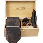 Axlon Tie Set for Men - Chocolate Brown, Paisley | Necktie Gift Box with Cufflinks, Pocket Square & Lapel Pin