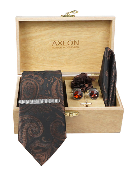 Axlon Tie Set for Men - Chocolate Brown, Paisley | Necktie Gift Box with Cufflinks, Pocket Square & Lapel Pin