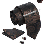 Axlon Tie Set for Men - Chocolate Brown, Paisley | Necktie Gift Box with Cufflinks, Pocket Square & Lapel Pin