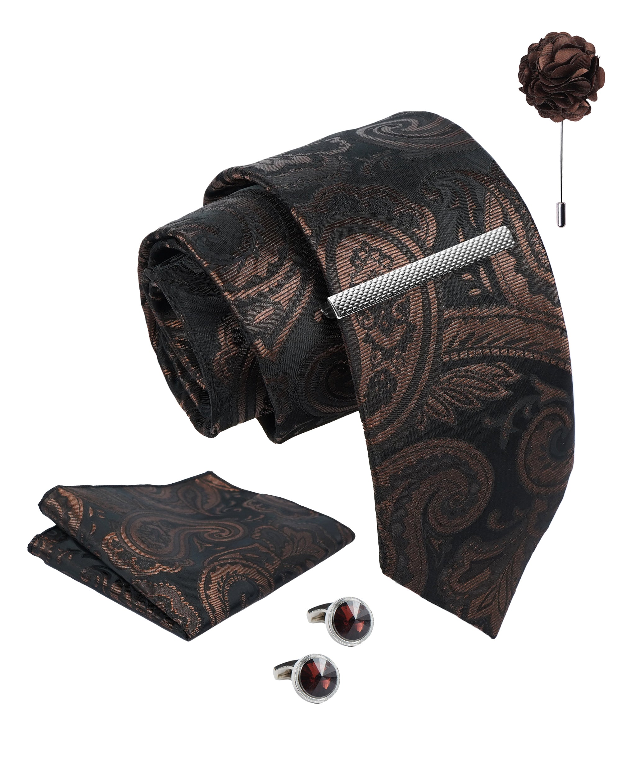 Axlon Tie Set for Men - Chocolate Brown, Paisley | Necktie Gift Box with Cufflinks, Pocket Square & Lapel Pin