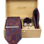 Axlon Tie Set for Men - Deep Wine, paisley | Necktie Gift Box with Cufflinks, Pocket Square & Lapel Pin