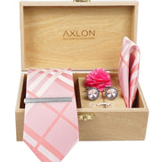 Axlon Tie Set for Men -  Baby Pink , checkered | Necktie Gift Box with Cufflinks, Pocket Square & Lapel Pin