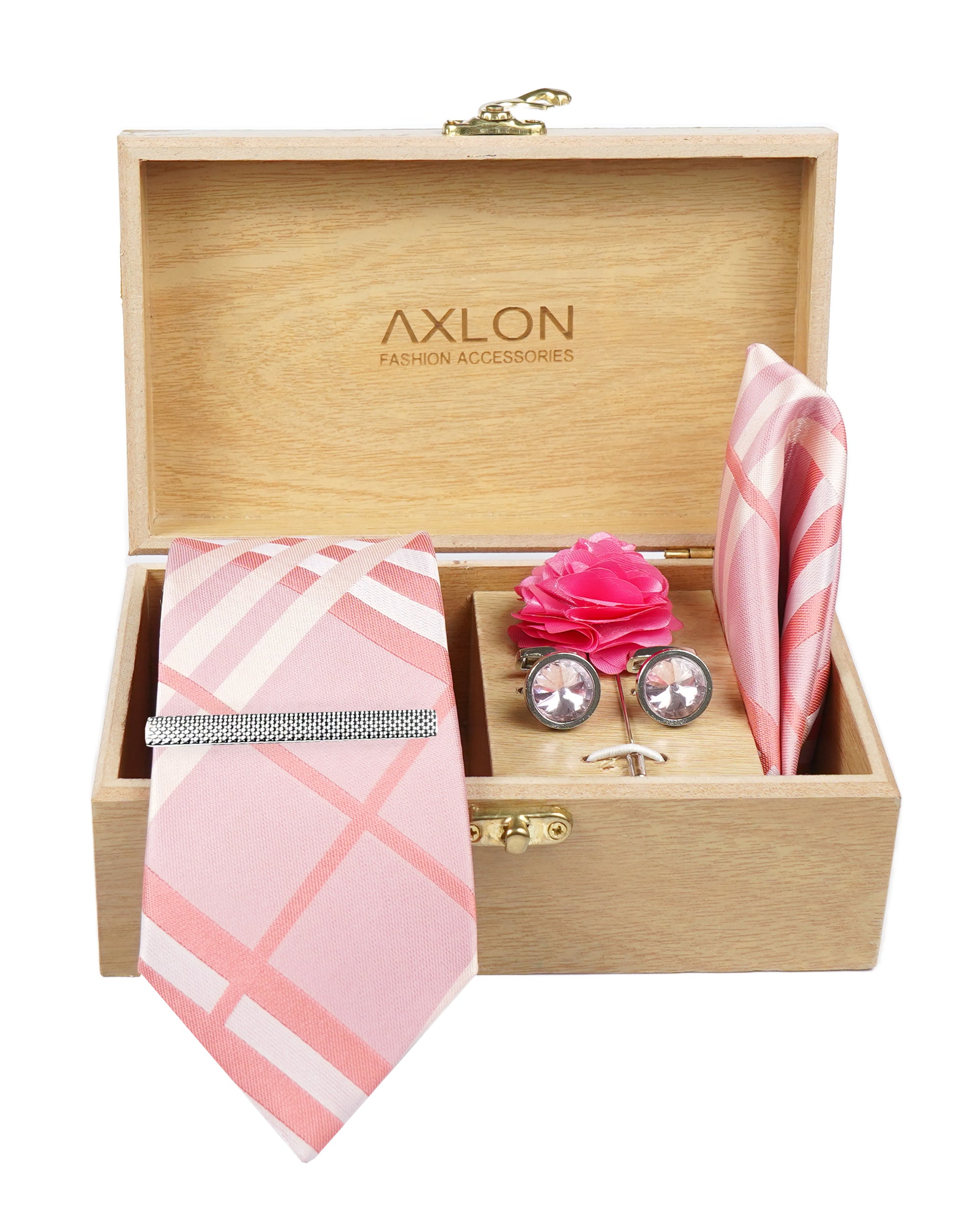 Axlon Tie Set for Men -  Baby Pink , checkered | Necktie Gift Box with Cufflinks, Pocket Square & Lapel Pin