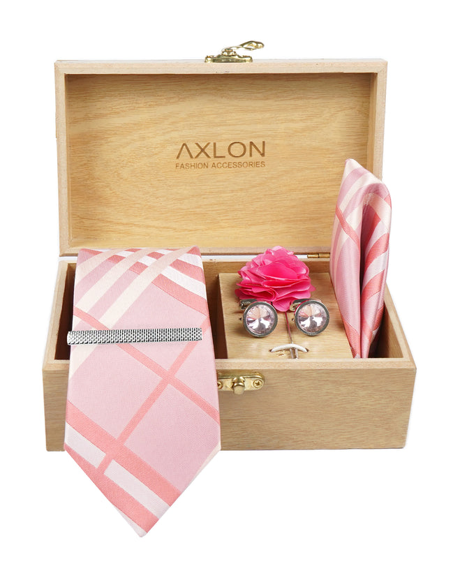 Axlon Tie Set for Men -  Baby Pink , checkered | Necktie Gift Box with Cufflinks, Pocket Square & Lapel Pin