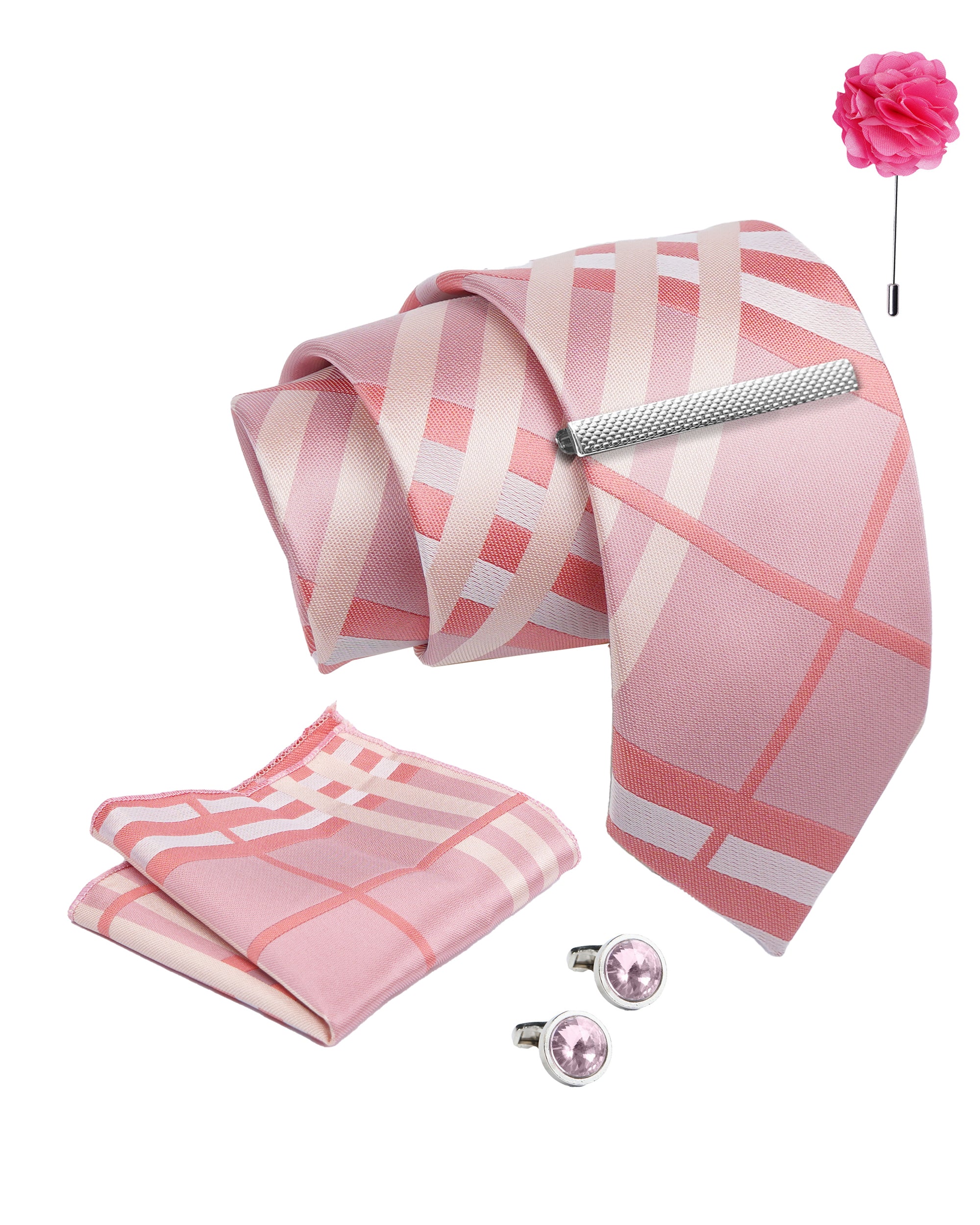 Axlon Tie Set for Men -  Baby Pink , checkered | Necktie Gift Box with Cufflinks, Pocket Square & Lapel Pin