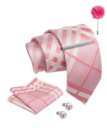 Axlon Tie Set for Men -  Baby Pink , checkered | Necktie Gift Box with Cufflinks, Pocket Square & Lapel Pin