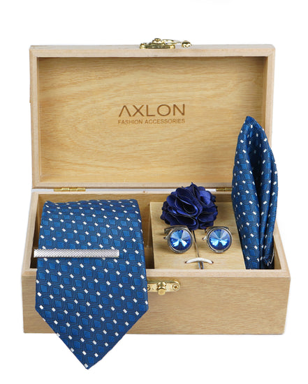 Axlon Tie Set for Men -Deep Navy Blue, dotted | Necktie Gift Box with Cufflinks, Pocket Square & Lapel Pin