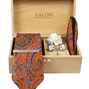 Axlon Tie Set for Men - Copper Rust, paisley  | Necktie Gift Box with Cufflinks, Pocket Square & Lapel Pin