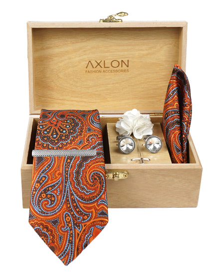 Axlon Tie Set for Men - Copper Rust, paisley  | Necktie Gift Box with Cufflinks, Pocket Square & Lapel Pin