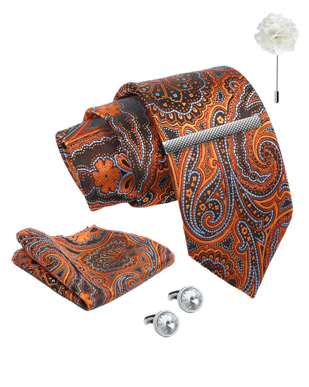 Axlon Tie Set for Men - Copper Rust, paisley  | Necktie Gift Box with Cufflinks, Pocket Square & Lapel Pin