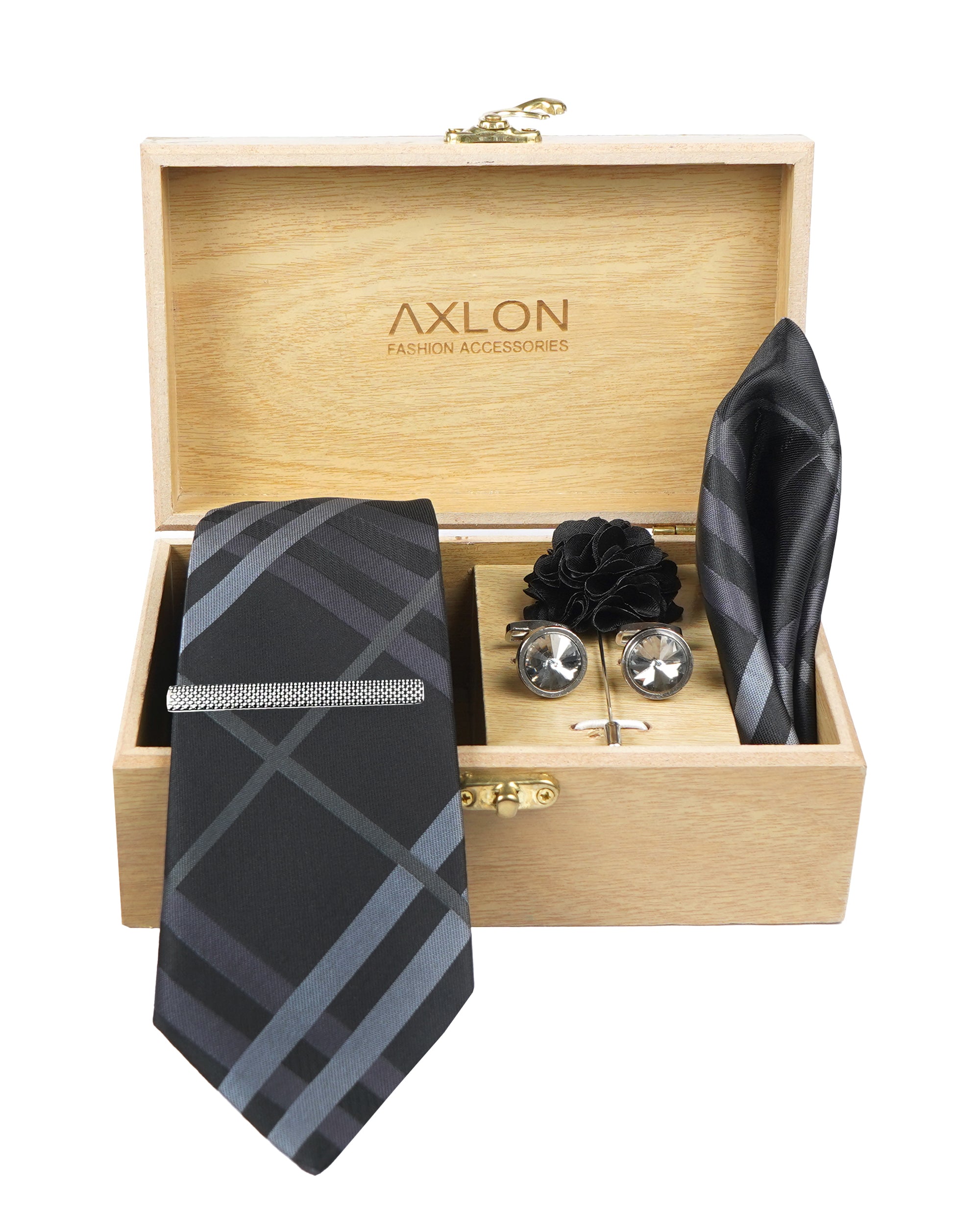 Axlon Tie Set for Men - Classic Black, checkered | Necktie Gift Box with Cufflinks, Pocket Square & Lapel Pin