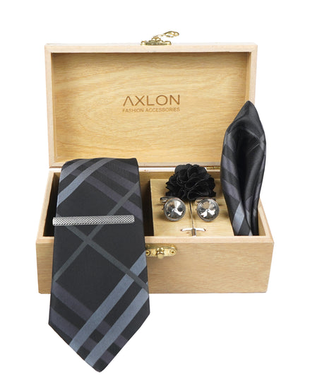 Axlon Tie Set for Men - Classic Black, checkered | Necktie Gift Box with Cufflinks, Pocket Square & Lapel Pin