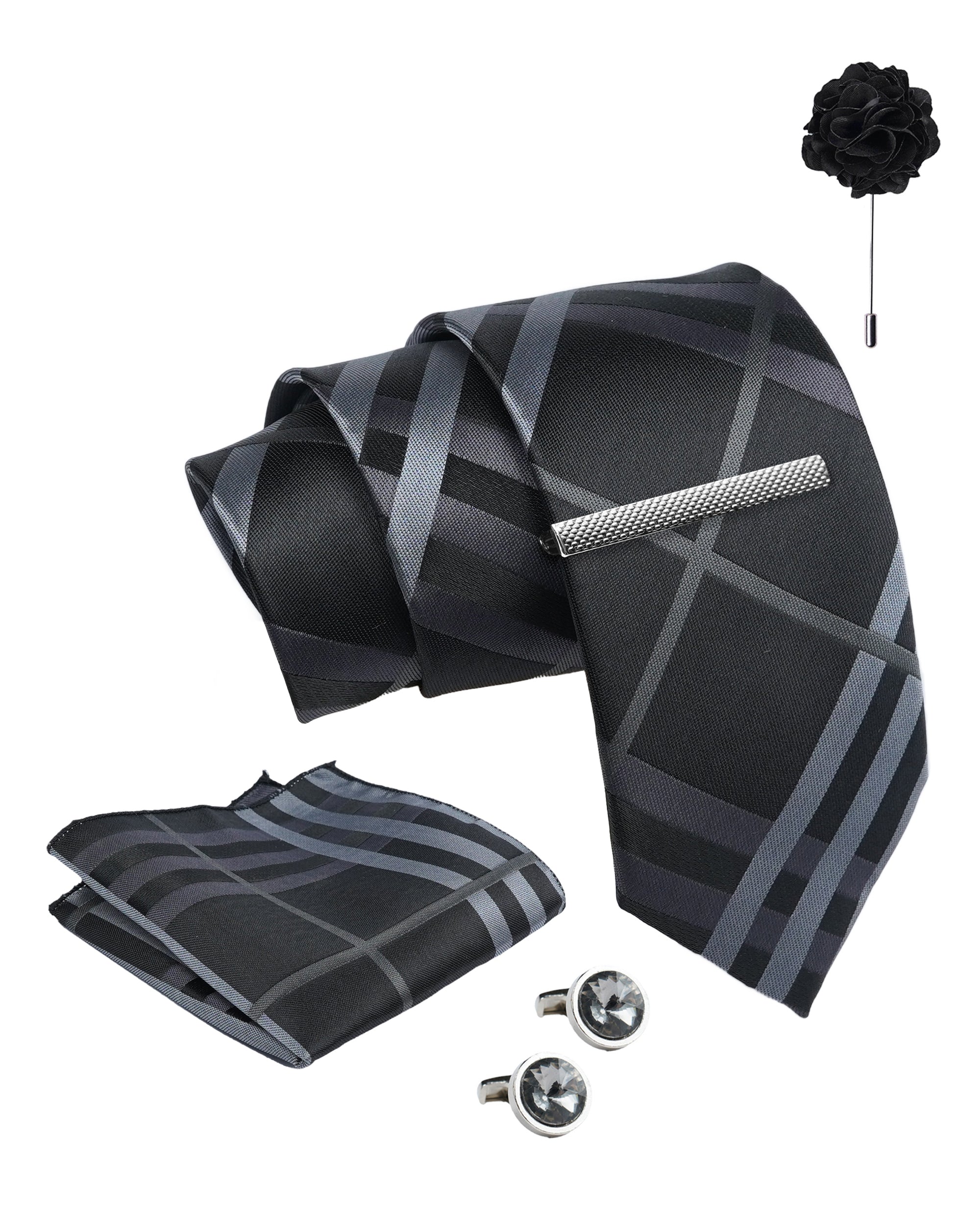 Axlon Tie Set for Men - Classic Black, checkered | Necktie Gift Box with Cufflinks, Pocket Square & Lapel Pin