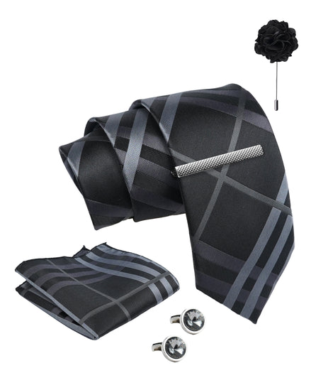 Axlon Tie Set for Men - Classic Black, checkered | Necktie Gift Box with Cufflinks, Pocket Square & Lapel Pin
