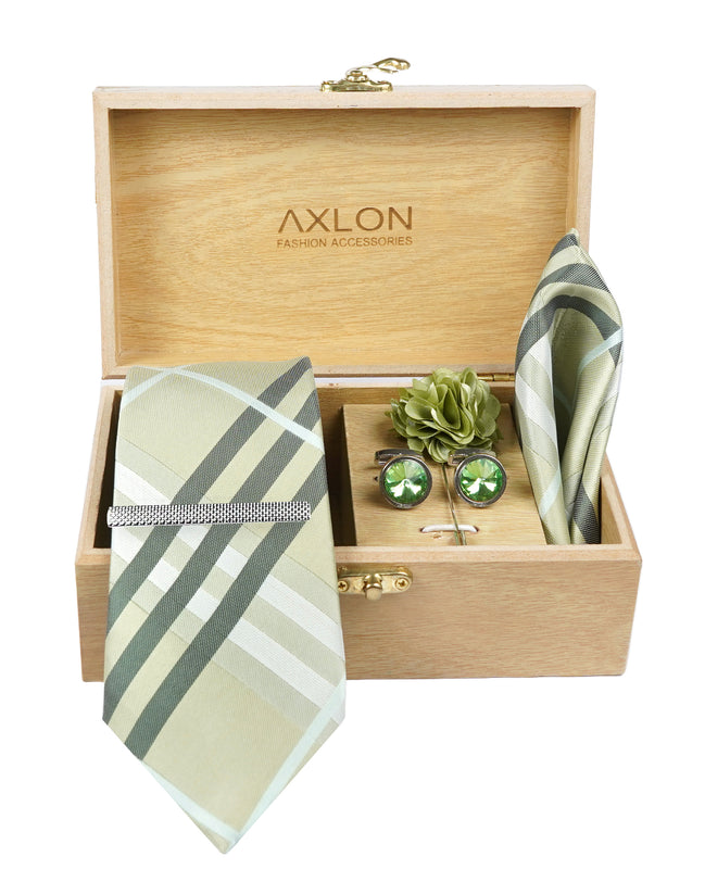 Axlon Tie Set for Men - Pistachio Green,  checkered | Necktie Gift Box with Cufflinks, Pocket Square & Lapel Pin