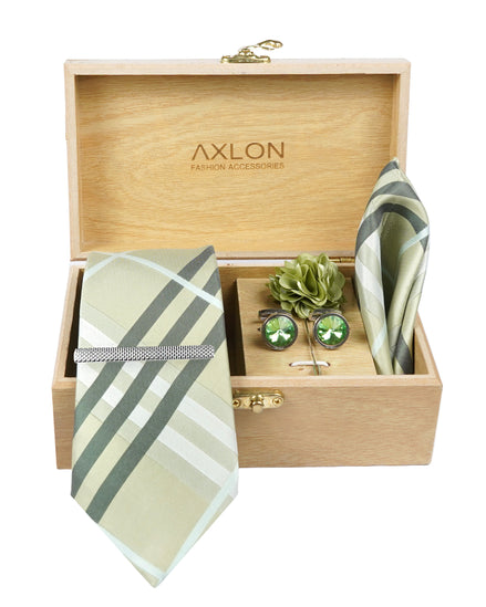 Axlon Tie Set for Men - Pistachio Green,  checkered | Necktie Gift Box with Cufflinks, Pocket Square & Lapel Pin