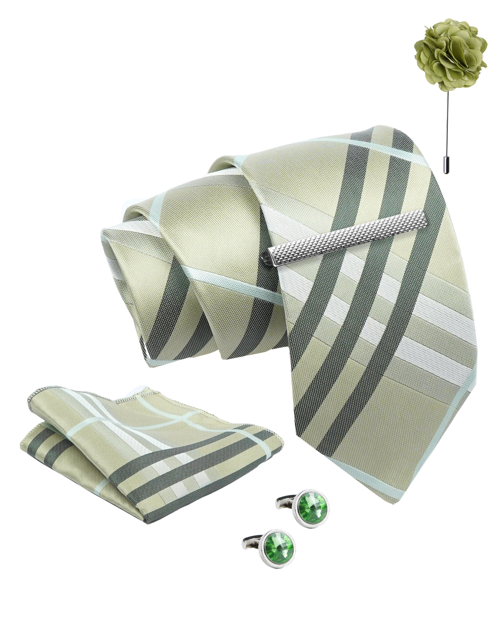 Axlon Tie Set for Men - Pistachio Green,  checkered | Necktie Gift Box with Cufflinks, Pocket Square & Lapel Pin