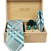 Axlon Tie Set for Men - Teal Ocean Blue, checkered | Necktie Gift Box with Cufflinks, Pocket Square & Lapel Pin