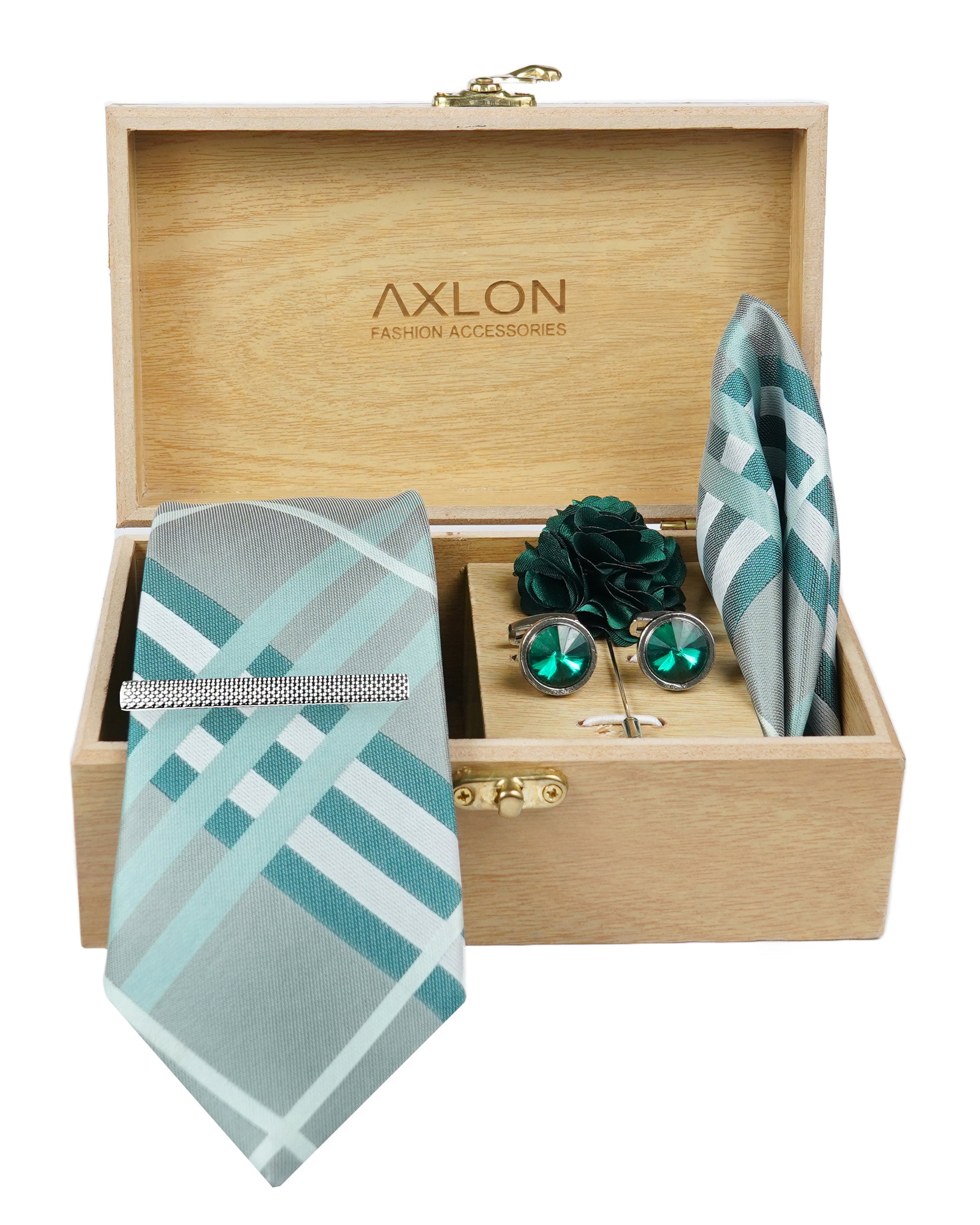 Axlon Tie Set for Men - Teal Ocean Blue, checkered | Necktie Gift Box with Cufflinks, Pocket Square & Lapel Pin