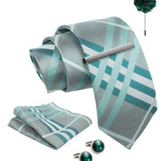 Axlon Tie Set for Men - Teal Ocean Blue, checkered | Necktie Gift Box with Cufflinks, Pocket Square & Lapel Pin