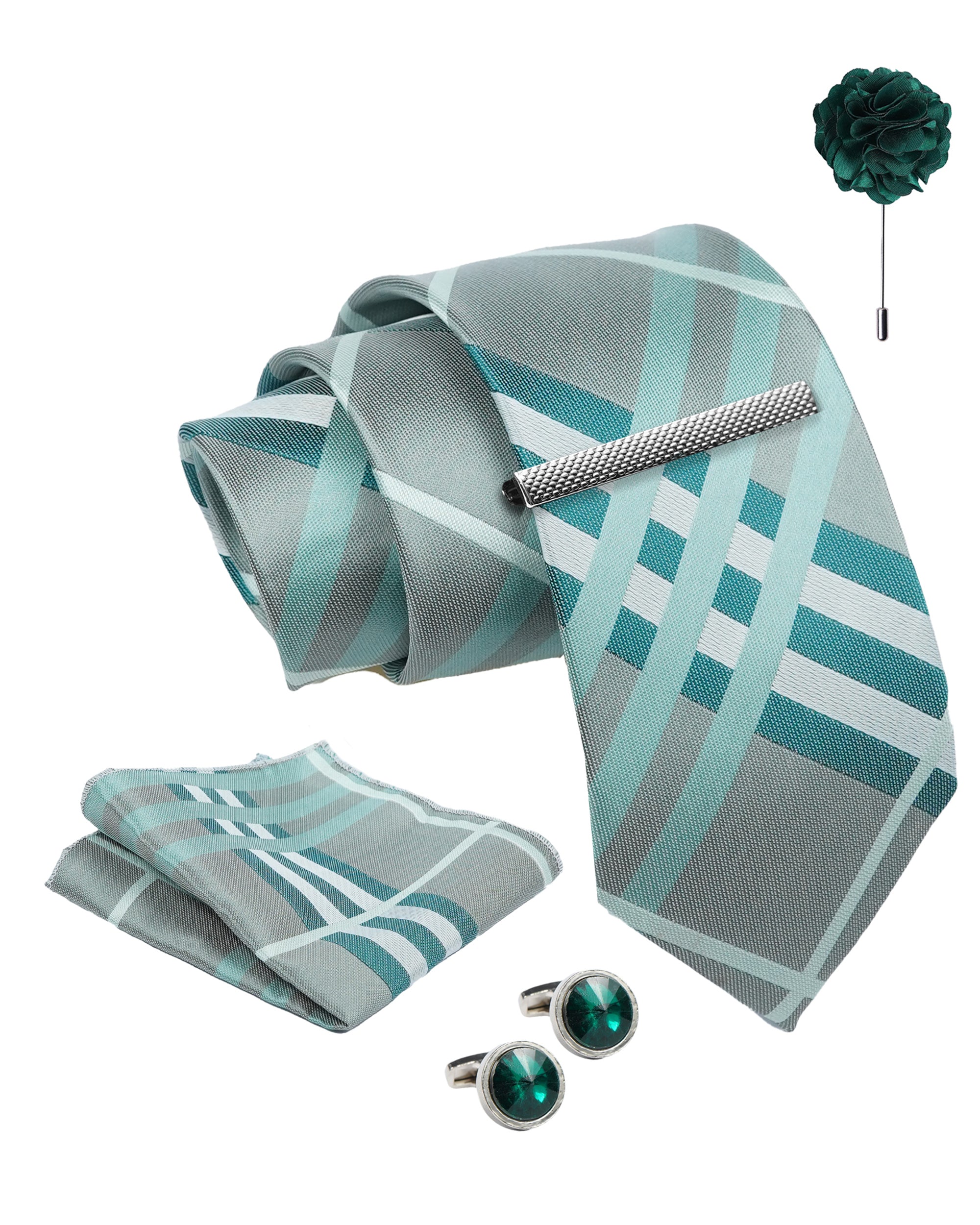 Axlon Tie Set for Men - Teal Ocean Blue, checkered | Necktie Gift Box with Cufflinks, Pocket Square & Lapel Pin