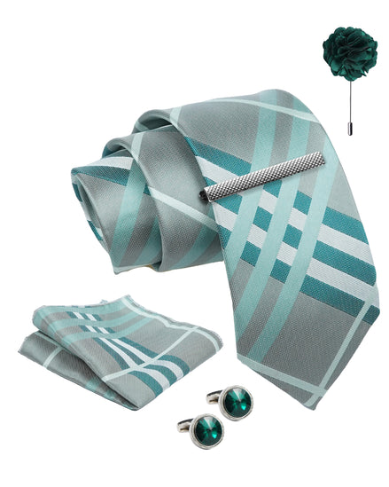 Axlon Tie Set for Men - Teal Ocean Blue, checkered | Necktie Gift Box with Cufflinks, Pocket Square & Lapel Pin