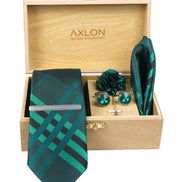 Axlon Tie Set for Men - Forest Green, Checkered | Necktie Gift Box with Cufflinks, Pocket Square & Lapel Pin