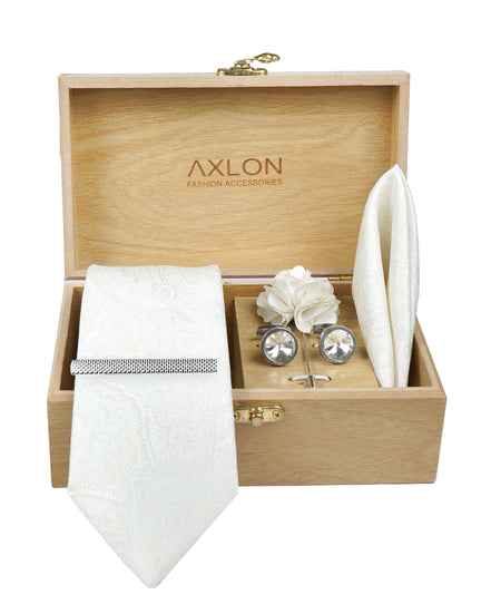 Axlon Tie Set for Men - Pure White, Paisley | Necktie Gift Box with Cufflinks, Pocket Square & Lapel Pin