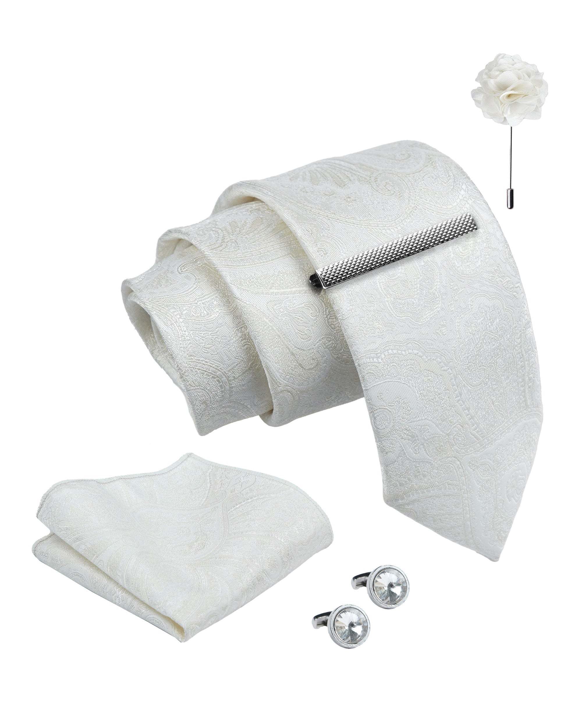 Axlon Tie Set for Men - Pure White, Paisley | Necktie Gift Box with Cufflinks, Pocket Square & Lapel Pin